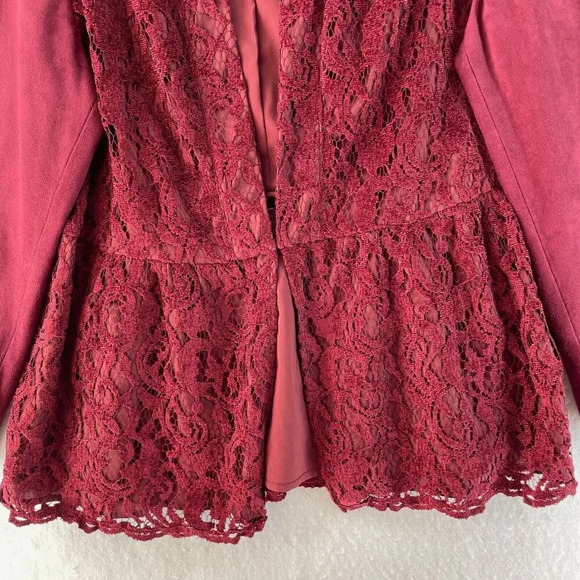 Chico's  Jacket Women's Sz 2 Red Wine Maple Faux Suede Lace Blazer V-neck - Picture 8 of 11